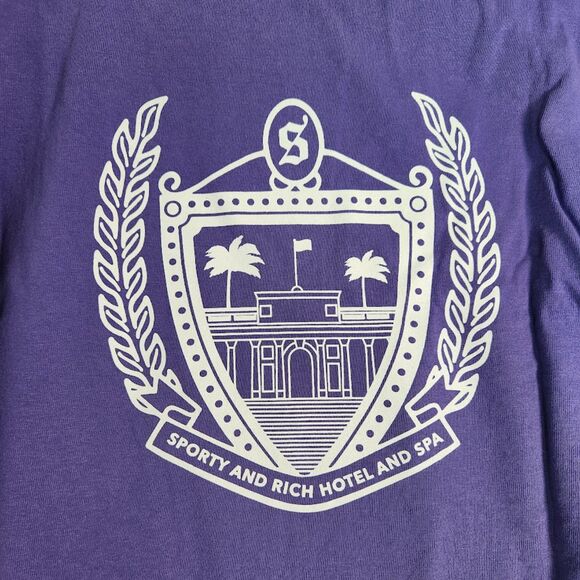 Sporty & Rich Purple “Hotel and Spa” Crest Logo 100% Cotton Tee  | Size S - Picture 10 of 11
